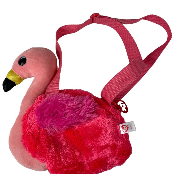 TY Gilda Flamingo Pink Plush Purse Shoulder-bag Groovy Inside Zipper Kitsch 10” - Picture 3 of 15